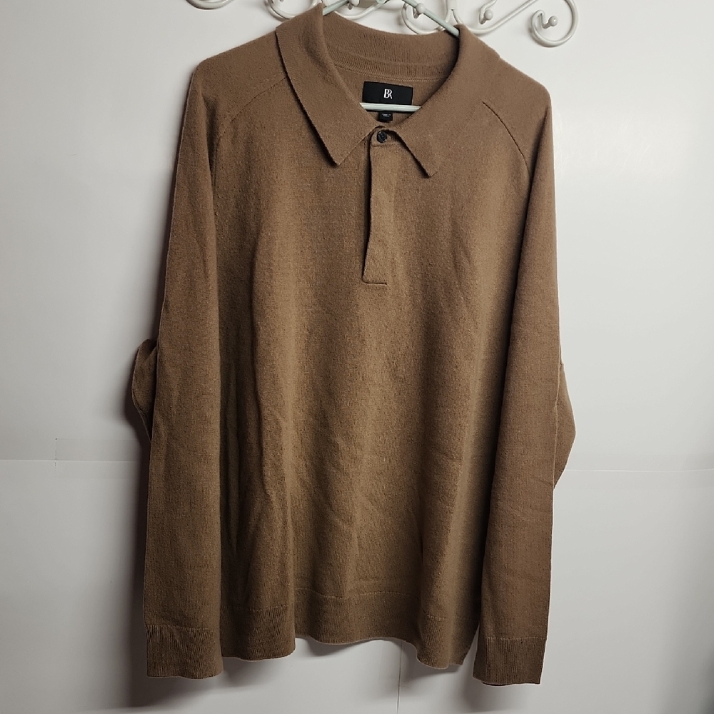 BR Banana Republic 100% Cashmere Brown Long Sleeve Sz XL Pullover Polo Sweater